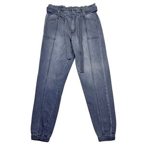 KanCan Paper Bag Gray Denim Women Sz L Fit 30" Tie Waist High Rise Elastic Cuffs